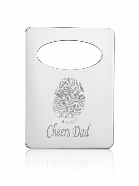 Metallic card with fingerprint design and 'Cheers Dad' text on a white background