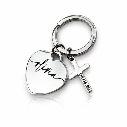 Personalised Heart & Cross Keyring – Name & Date Engraved Keepsake
