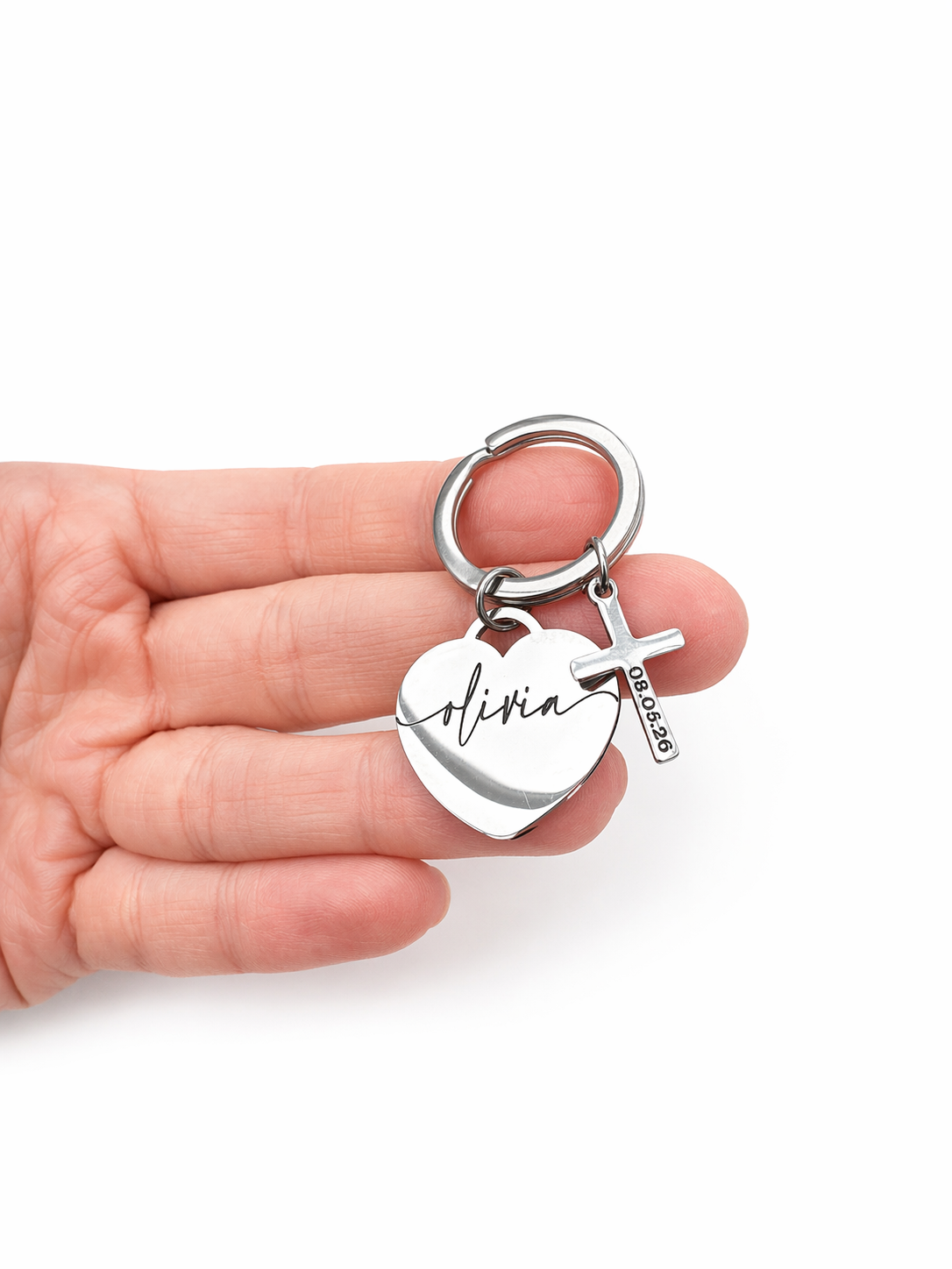 Personalised Heart & Cross Keyring – Name & Date Engraved Keepsake