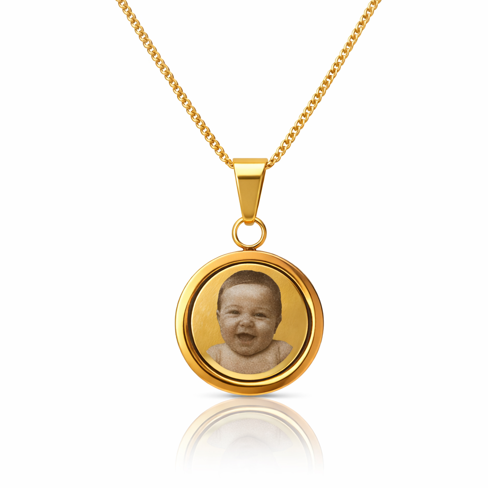 gold engraved photo necklace rotating