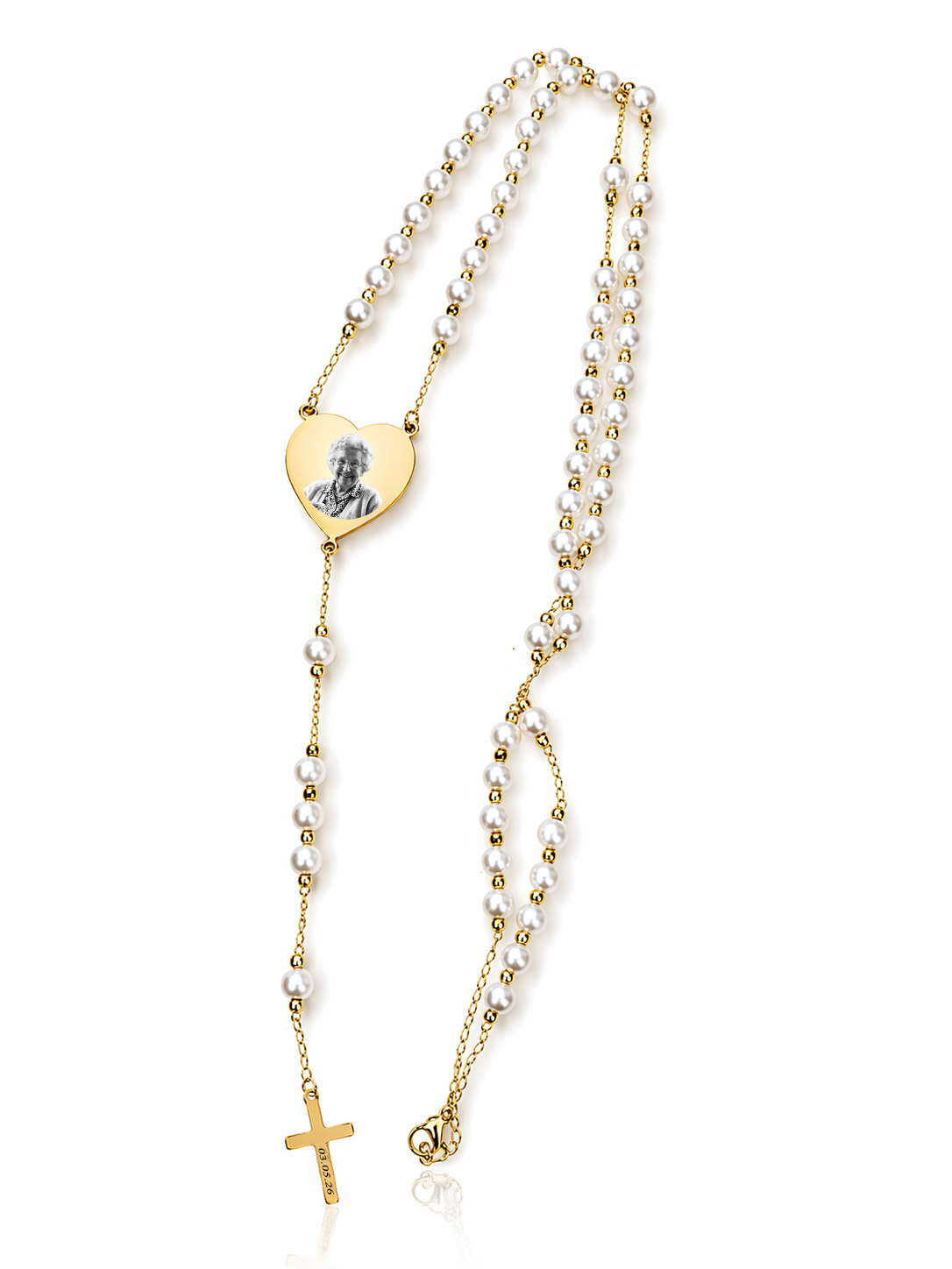 Gold Custom Photo Engraved Rosary Beads Necklace