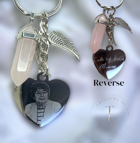 Rose quartz, angel wing photo engraved keychain