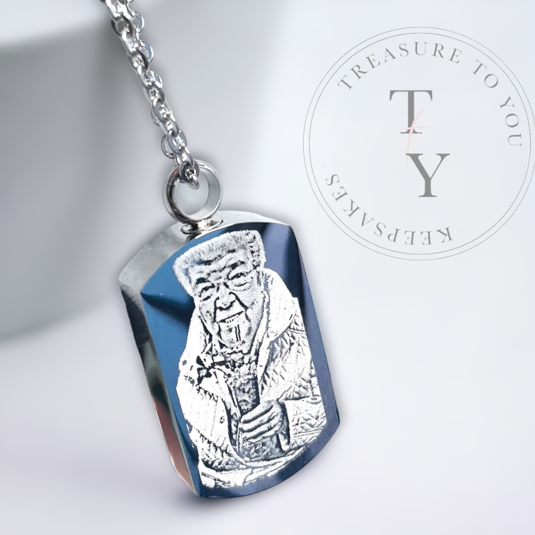 Engraved photo ashes urn locket dog tag