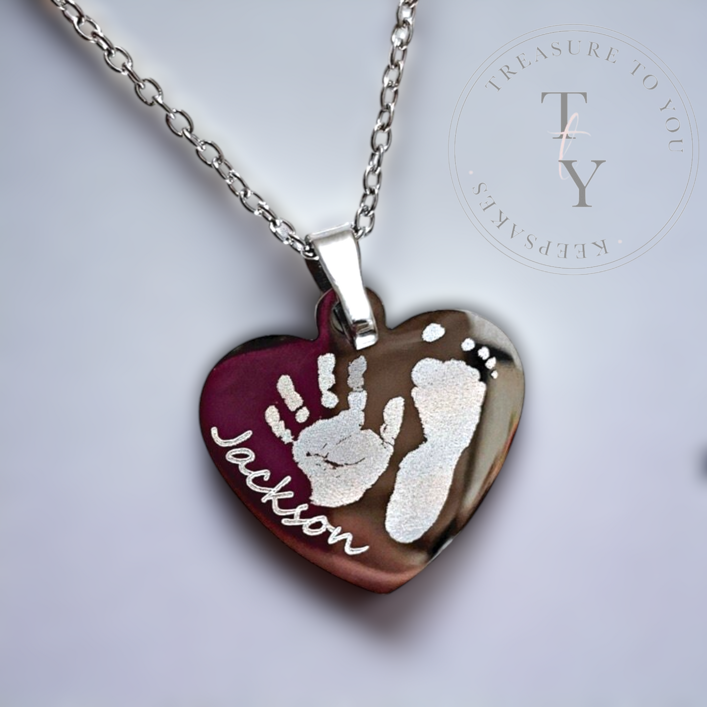 Hand & footprint engraved necklace