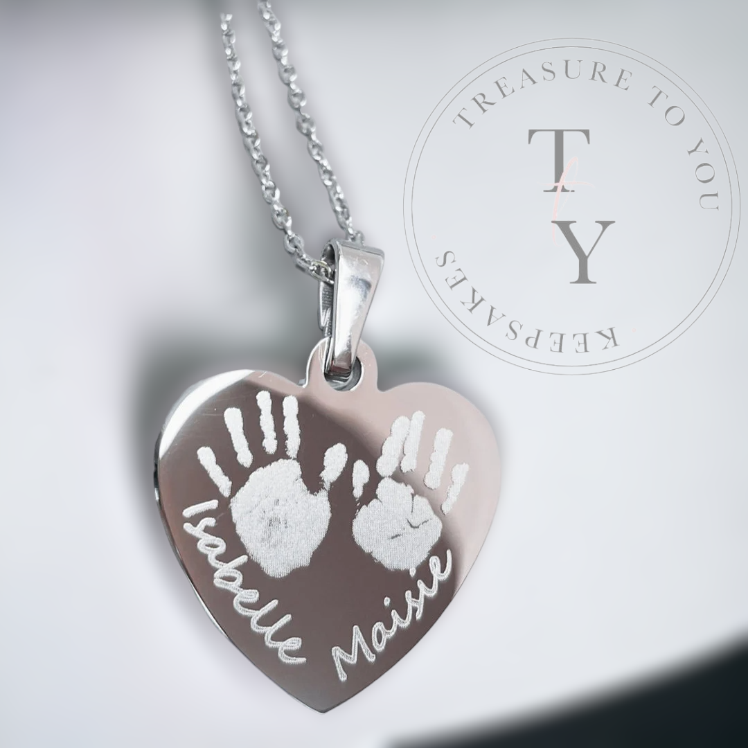 2 actual handprints engraved necklace - siblings