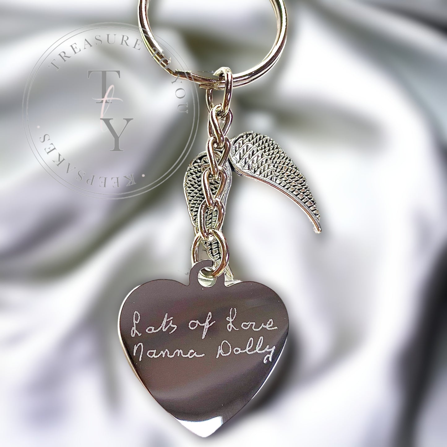 Angel wing photo engraved heart keyring