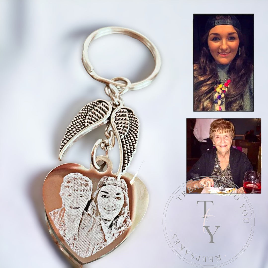 Angel wing photo engraved heart keyring