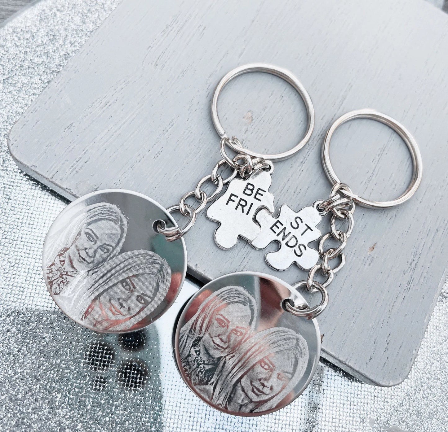 Matching best friend photo engraved keyrings