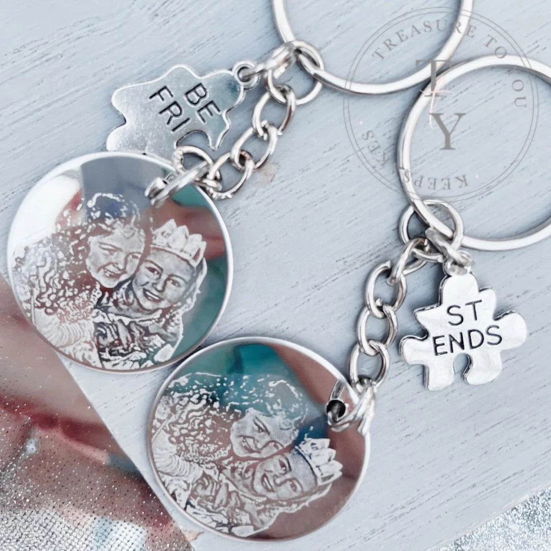 Matching best friend photo engraved keyrings