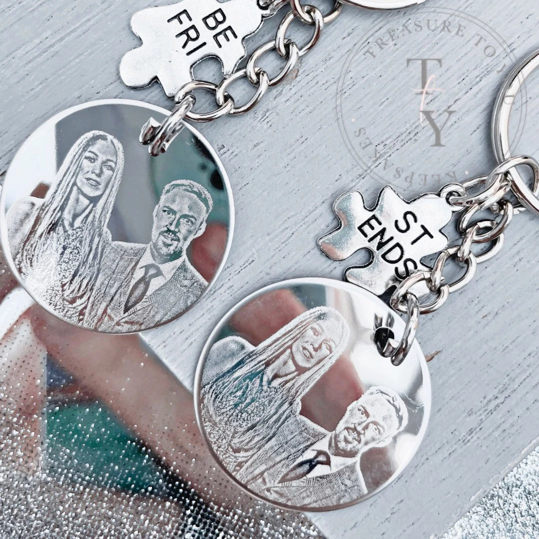 Matching best friend photo engraved keyrings