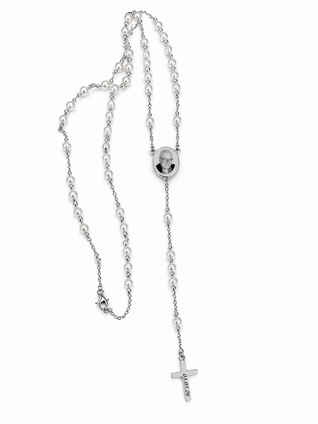 Silver Oval Custom Photo Engraved Rosary Beads Necklace