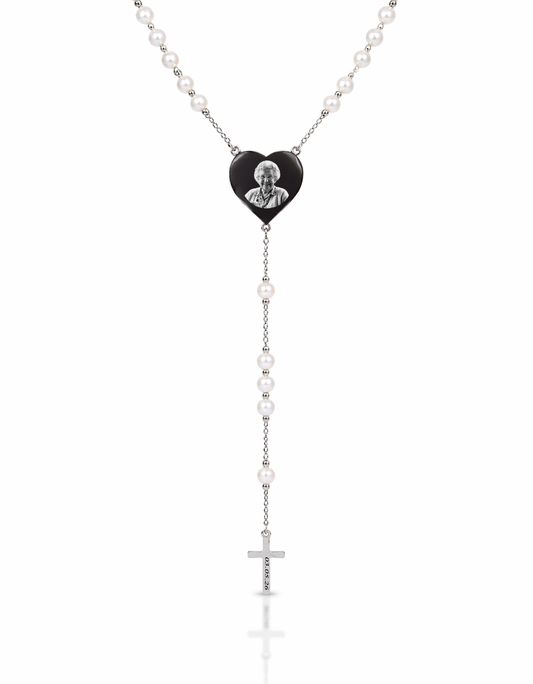 Silver Custom Photo Engraved Rosary Beads Necklace