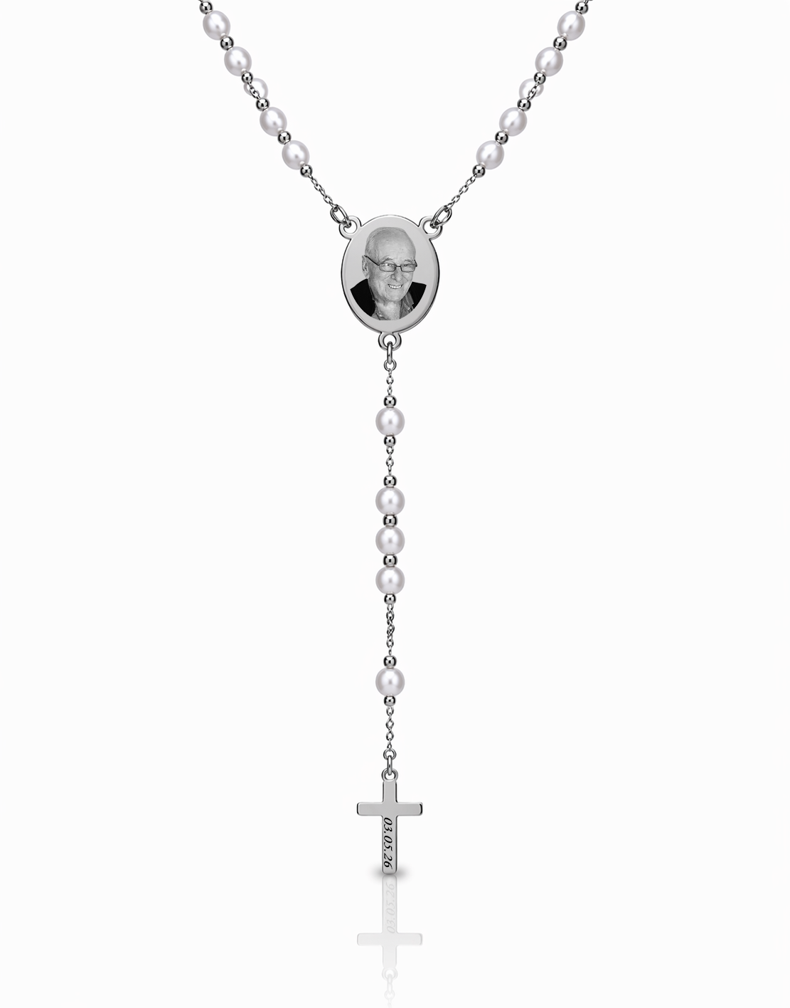 Silver Oval Custom Photo Engraved Rosary Beads Necklace