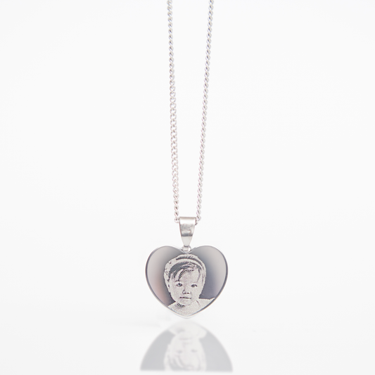 Small silver photo engraved heart necklace