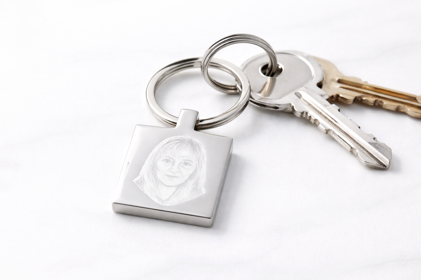 Keychain with a square tag featuring a face design on a white background