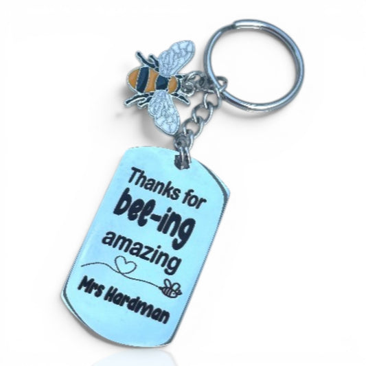 Engraved teacher keyring "Thanks for bee-ing amazing" personalised